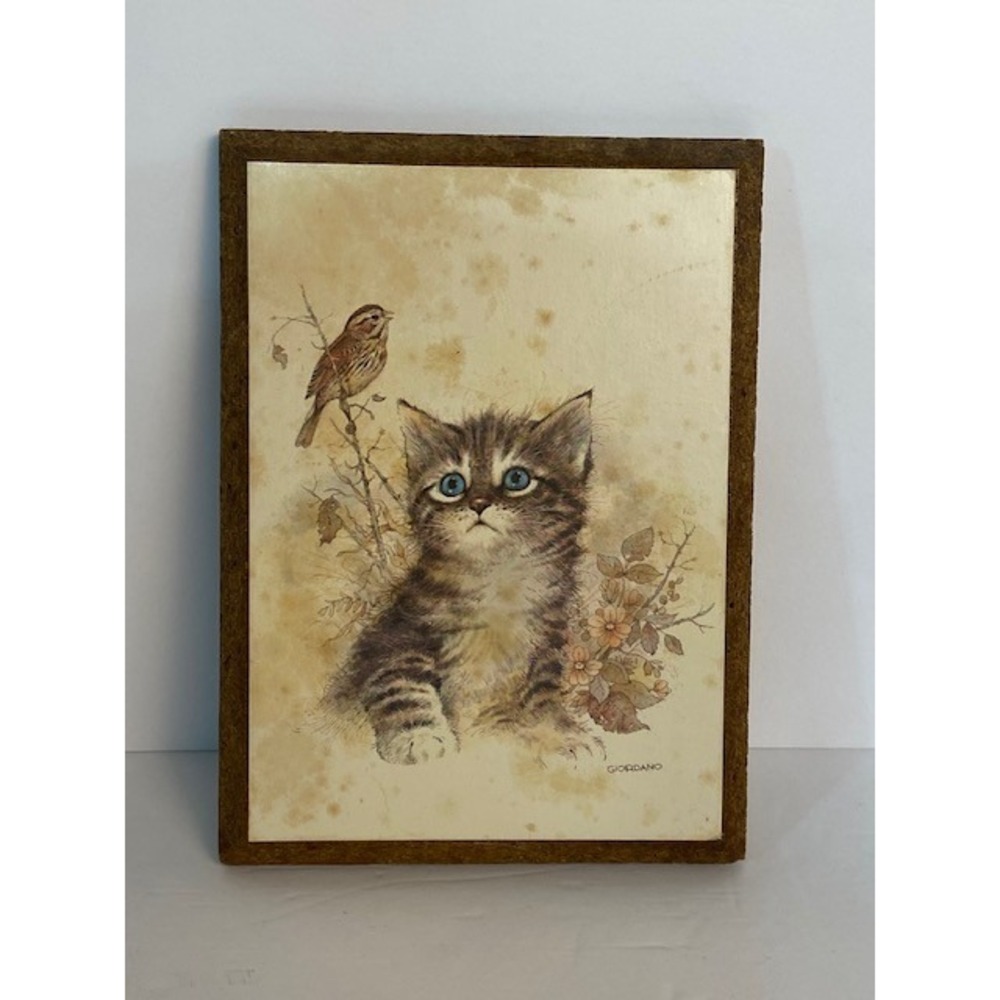 Vintage 1981 Giordano Art Ltd Kitten and Bird Wall Plaque CM Paula Co 5x7